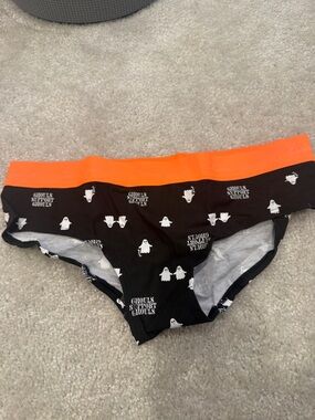 PINK Victoria's Secret Black Briefs with Orange Waistband and White Ghost Print
